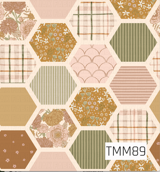 A cozy patchwork-inspired pattern featuring large hexagons filled with coordinating florals, watercolor plaids, stripes, scallops, and tiny flowers. Soft blush pink, olive and sage green, warm mustard, tan, and cream create a muted vintage color palette with a handmade quilt-like feel.
