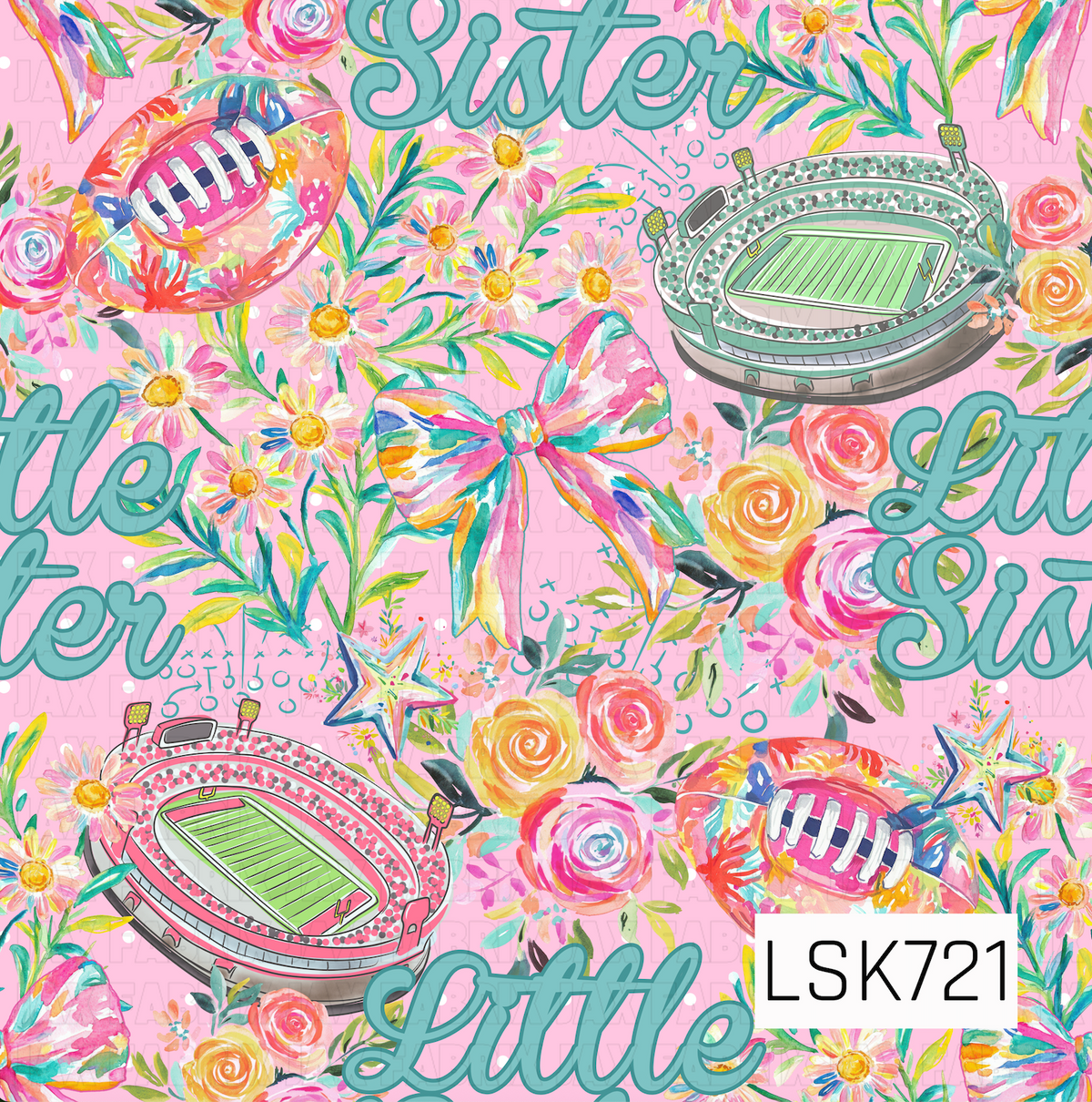 A bold, colorful football-themed design featuring watercolor footballs, stadiums, oversized bows, florals, stars, and leafy accents. A bright pink background and large teal “Little Sister” lettering give the pattern a playful, girly game-day look with vibrant shades of pink, aqua, yellow, green, and orange.
