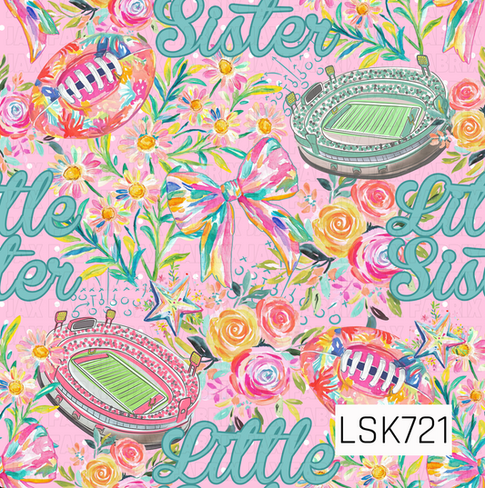 A bold, colorful football-themed design featuring watercolor footballs, stadiums, oversized bows, florals, stars, and leafy accents. A bright pink background and large teal “Little Sister” lettering give the pattern a playful, girly game-day look with vibrant shades of pink, aqua, yellow, green, and orange.

