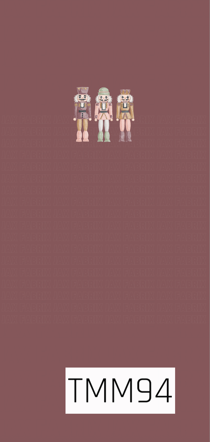 A charming Christmas panel featuring three hand-drawn nutcracker soldiers centered on a rich dusty boysenberry background. The nutcrackers feature soft shades of pink, sage green, mauve, cream, and muted gold, giving this classic holiday design a sweet vintage-inspired twist.
