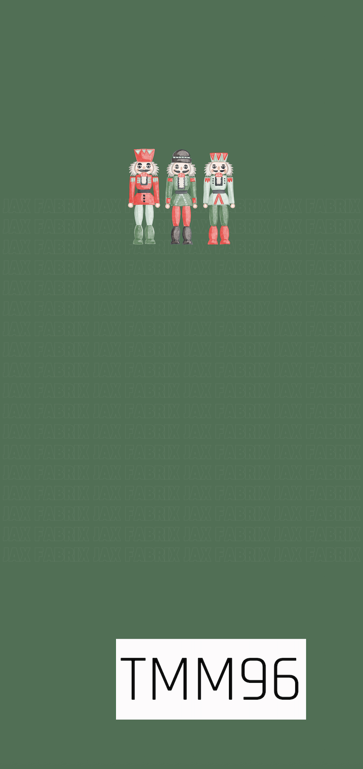 A festive holiday panel featuring three hand-drawn nutcracker soldiers centered on a rich muted green background. The nutcrackers feature classic Christmas shades of red, green, white, and black with charming vintage-style details for a playful seasonal look.

