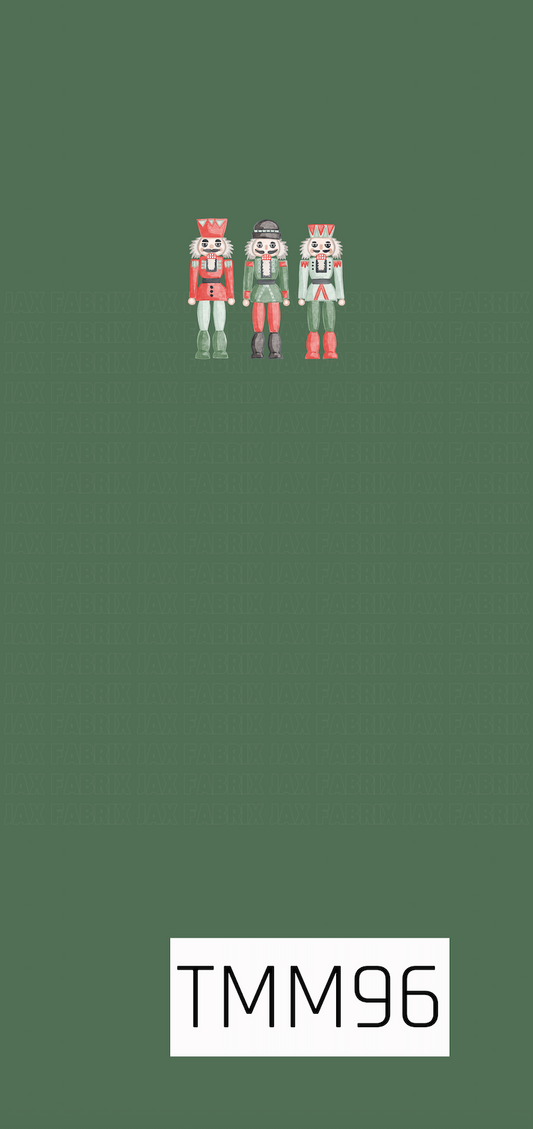 A festive holiday panel featuring three hand-drawn nutcracker soldiers centered on a rich muted green background. The nutcrackers feature classic Christmas shades of red, green, white, and black with charming vintage-style details for a playful seasonal look.
