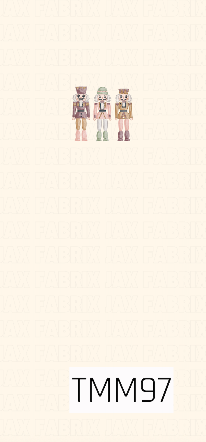 A charming holiday panel featuring three hand-drawn nutcracker soldiers in soft, muted shades of dusty pink, sage green, mauve, cream, and warm tan. The trio is centered on a warm cream background, creating a sweet, vintage-inspired Christmas design with a subtle whimsical feel.
