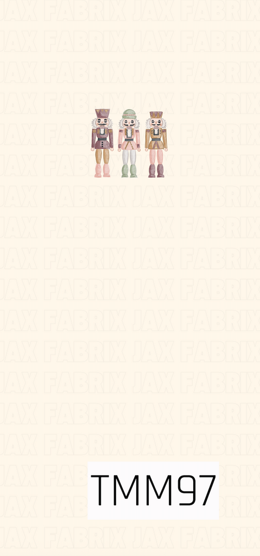A charming holiday panel featuring three hand-drawn nutcracker soldiers in soft, muted shades of dusty pink, sage green, mauve, cream, and warm tan. The trio is centered on a warm cream background, creating a sweet, vintage-inspired Christmas design with a subtle whimsical feel.

