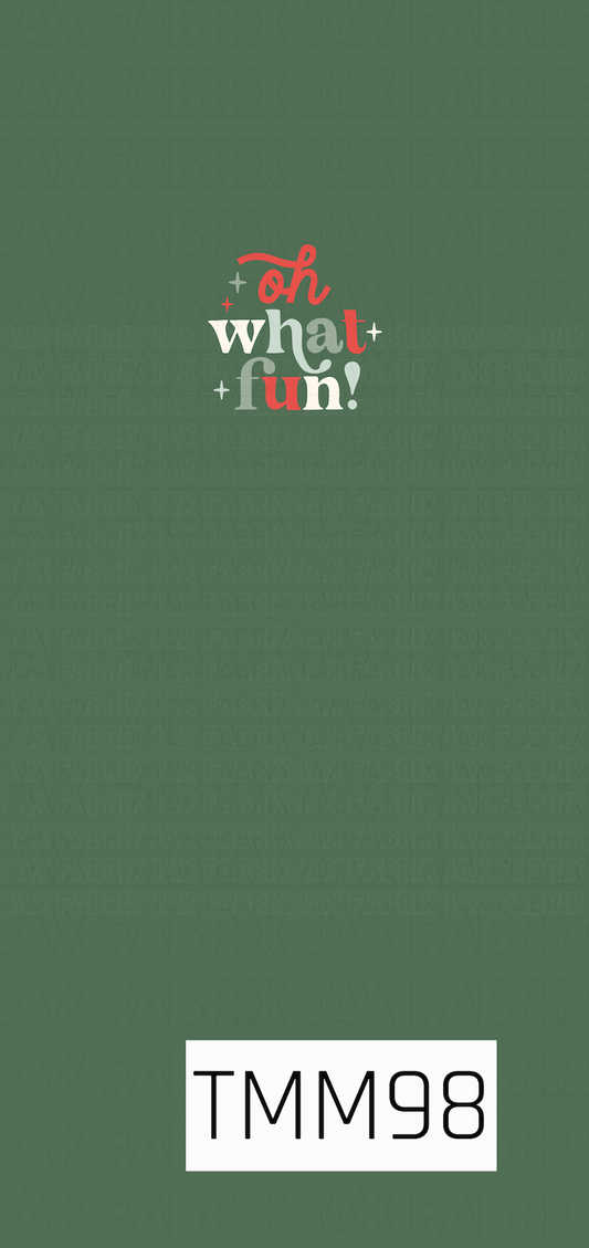 A festive holiday panel featuring the playful phrase “Oh What Fun!” in a mix of whimsical retro lettering and sparkling accents. The design uses classic Christmas shades of red, cream, and soft mint against a rich muted green background for a fun, vintage-inspired holiday look.
