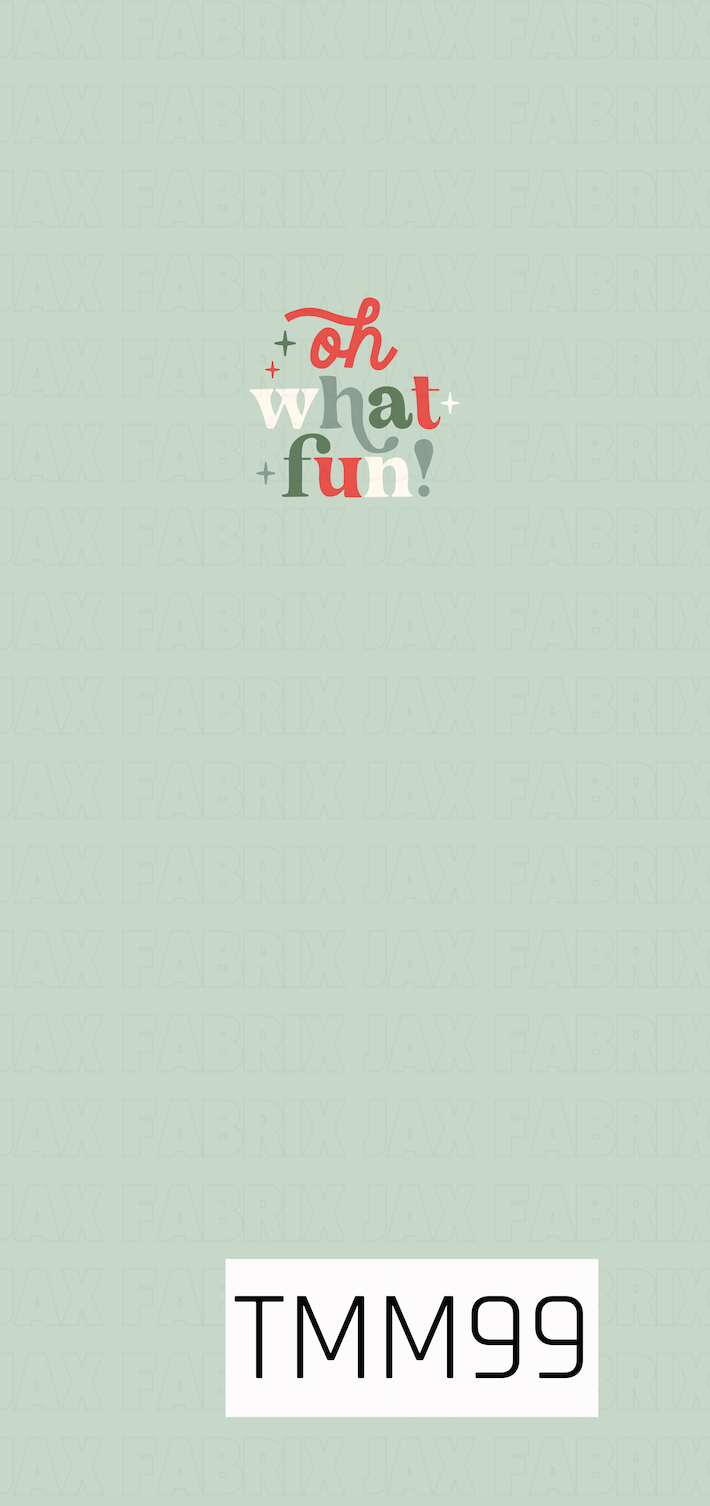 A festive holiday panel featuring the playful phrase “Oh What Fun!” in retro-inspired lettering with small sparkling accents. The design combines red, cream, sage, and deeper green tones against a soft mint green background for a cheerful, vintage Christmas feel.
