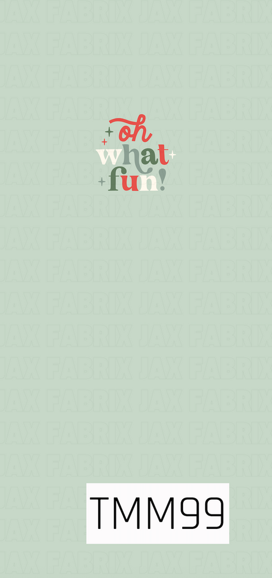 A festive holiday panel featuring the playful phrase “Oh What Fun!” in retro-inspired lettering with small sparkling accents. The design combines red, cream, sage, and deeper green tones against a soft mint green background for a cheerful, vintage Christmas feel.
