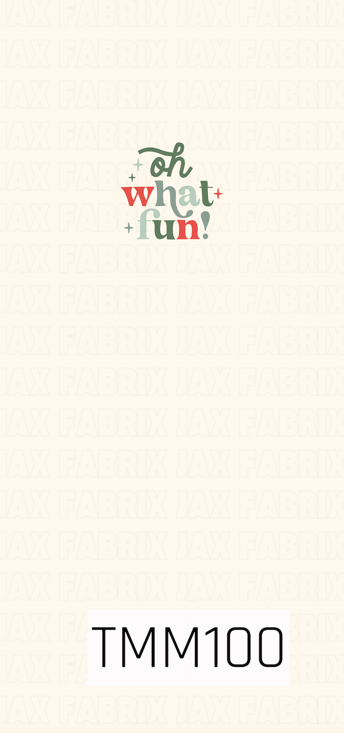 A festive holiday panel featuring the playful phrase “Oh What Fun!” in a mix of whimsical retro lettering. Classic red and soft green tones pop against a warm cream background, with small sparkle accents adding a cheerful Christmas touch.
