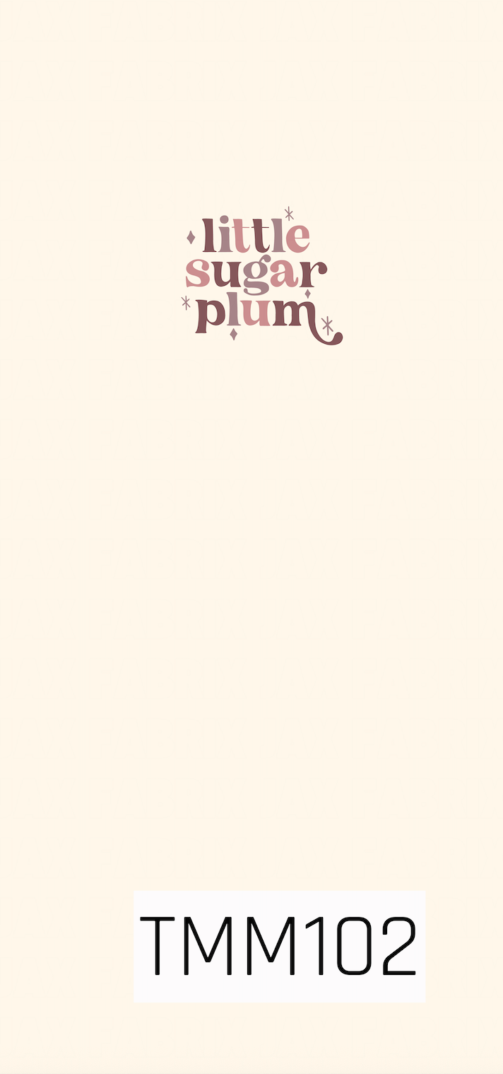 A sweet holiday panel featuring the phrase “Little Sugar Plum” in whimsical retro lettering. Soft mauve and dusty pink tones stand out against a warm cream background, with delicate sparkle accents adding a playful, vintage-inspired Christmas feel.
