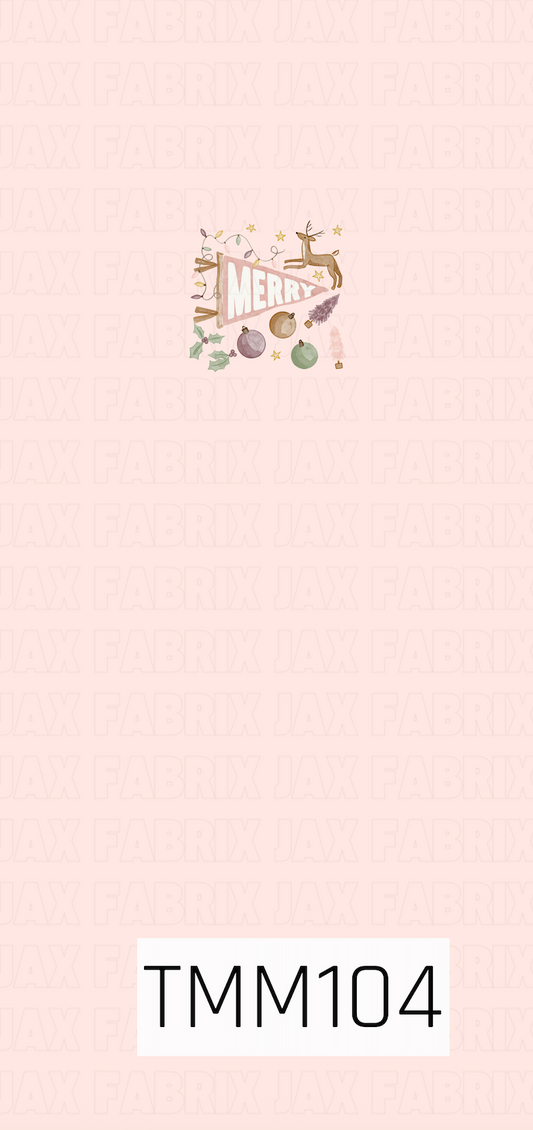 A festive Christmas panel featuring a vintage-style “Merry” pennant surrounded by whimsical holiday details including a reindeer, ornaments, holly, twinkle lights, stars, and miniature trees. Soft pink, sage green, lavender, and warm neutral tones sit against a blush pink background for a sweet retro holiday look.
