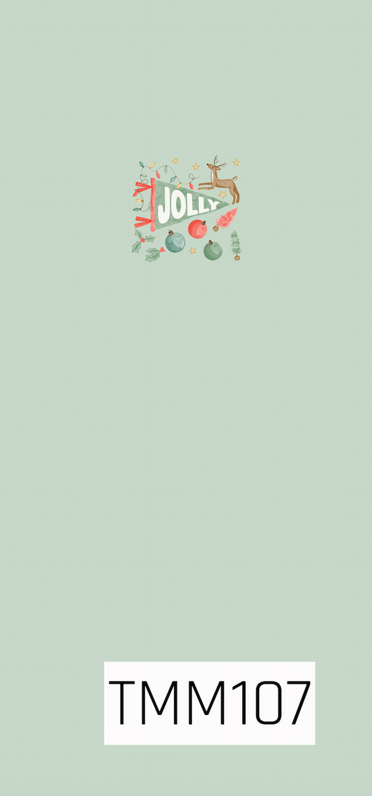 A cheerful Christmas panel featuring a retro “Jolly” pennant surrounded by a reindeer, colorful ornaments, holly, twinkle lights, stars, and whimsical trees. The soft mint green background paired with pops of red, green, and warm gold gives the design a playful vintage holiday feel.
