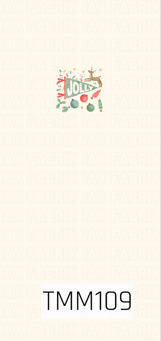 A festive Christmas panel featuring a retro “Jolly” pennant surrounded by a reindeer, colorful string lights, ornaments, holly, stars, and whimsical holiday trees. The warm cream background pairs with soft red, green, teal, and gold tones for a playful vintage-inspired holiday look.
