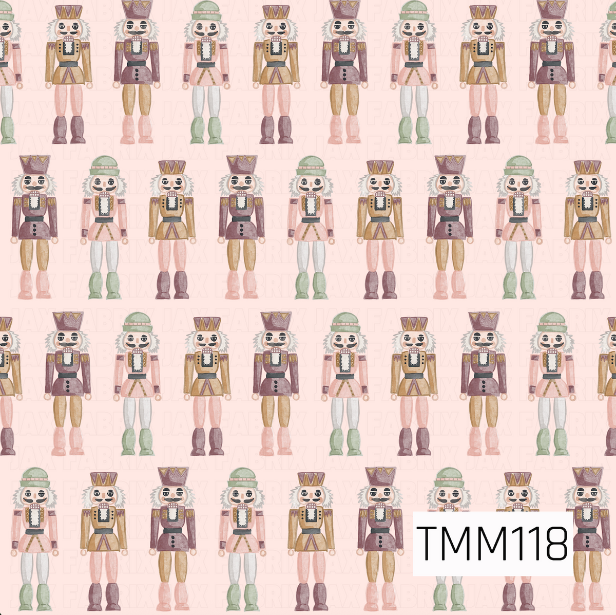 A sweet watercolor seamless design featuring rows of classic nutcrackers in soft shades of blush pink, sage green, burgundy, warm brown, and cream. Set against a pale pink background, the muted colors and hand-painted details give this Christmas pattern a whimsical, vintage-inspired feel.
