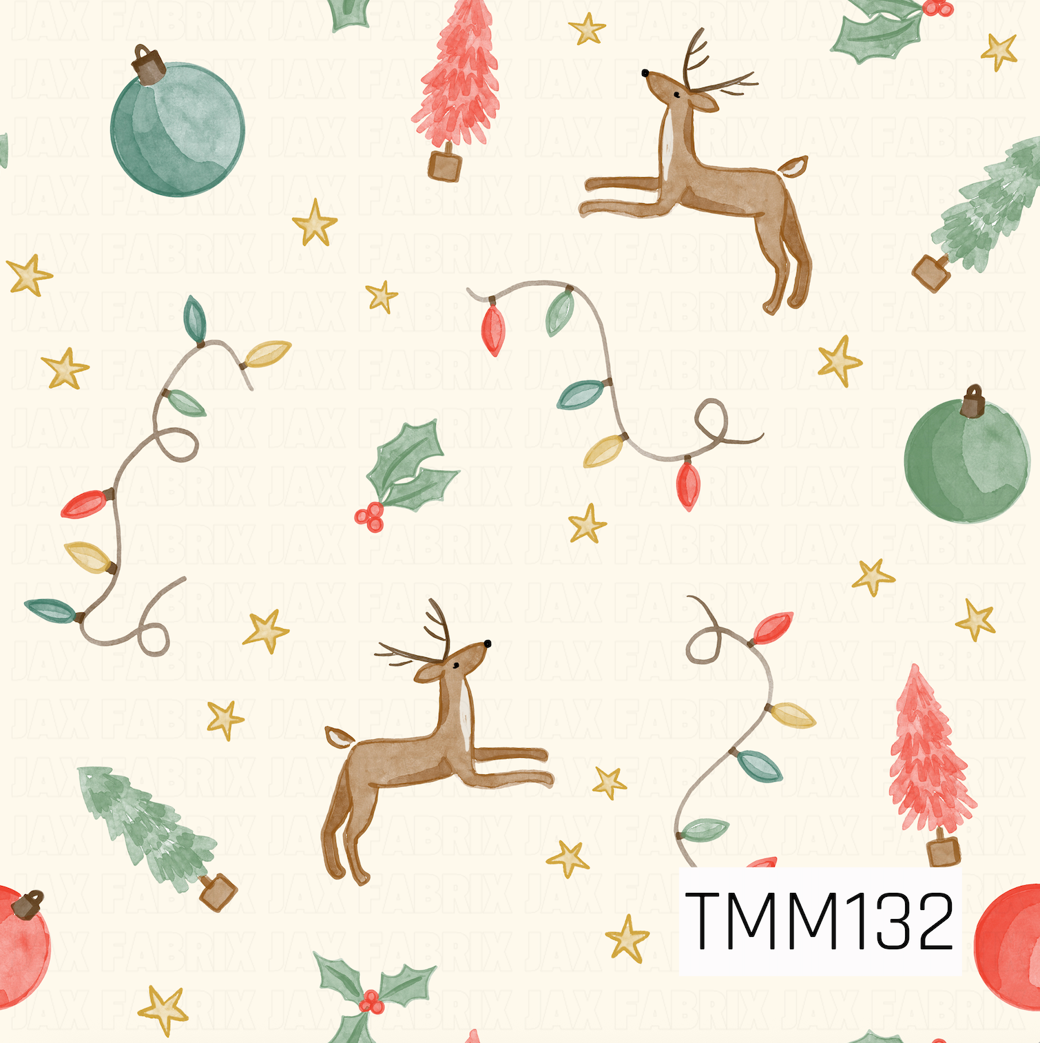 A whimsical watercolor Christmas pattern featuring leaping reindeer, colorful strands of holiday lights, ornaments, holly, stars, and festive bottlebrush trees. Soft reds, greens, teal, gold, and warm brown accents create a playful hand-painted look on a creamy background.
