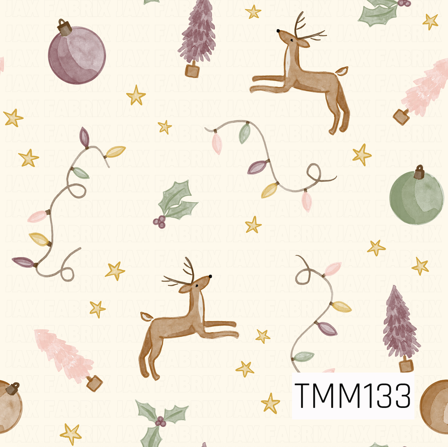 A whimsical watercolor Christmas pattern featuring leaping reindeer, looping strands of colorful holiday lights, ornaments, holly, golden stars, and festive bottlebrush trees. Soft blush pink, plum, sage green, gold, and warm brown tones create a sweet vintage-inspired holiday look on a creamy background.
