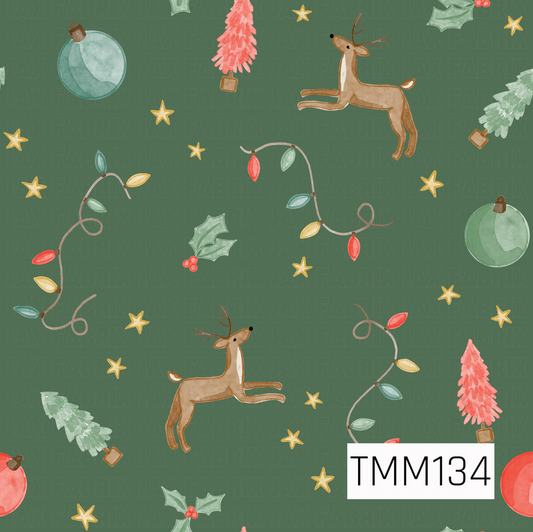 A whimsical watercolor Christmas pattern featuring leaping reindeer, colorful string lights, ornaments, holly, golden stars, and festive bottlebrush trees. Bright coral red, mint, teal, gold, and warm brown accents pop against a rich evergreen background for a playful holiday look.
