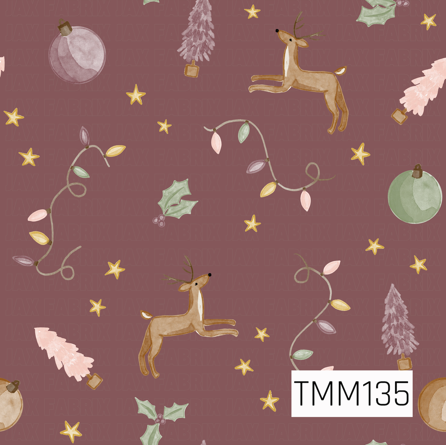A whimsical watercolor Christmas pattern featuring leaping reindeer, looping strands of pastel holiday lights, ornaments, holly, golden stars, and bottlebrush trees. Soft plum, blush pink, sage green, warm gold, and natural brown tones stand out against a muted berry background, giving the design a cozy vintage holiday feel.
