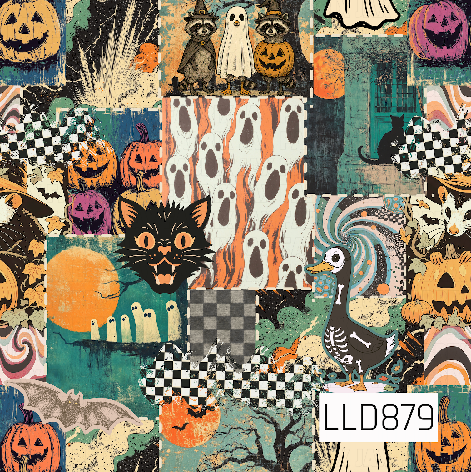 A vintage-inspired Halloween patchwork design filled with spooky seasonal details including jack-o’-lanterns, ghosts, black cats, bats, raccoons, spiderwebs, and a quirky skeleton duck. Distressed textures, checkerboard accents, retro swirls, and a rich mix of orange, teal, black, cream, and purple give it a fun eclectic Halloween feel.
