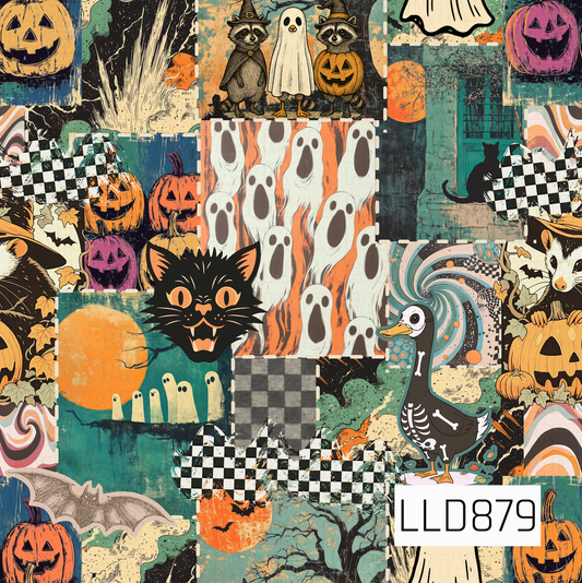 A vintage-inspired Halloween patchwork design filled with spooky seasonal details including jack-o’-lanterns, ghosts, black cats, bats, raccoons, spiderwebs, and a quirky skeleton duck. Distressed textures, checkerboard accents, retro swirls, and a rich mix of orange, teal, black, cream, and purple give it a fun eclectic Halloween feel.
