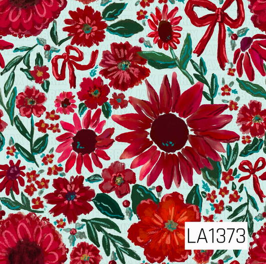 This seamless design features bold, painterly florals in rich reds, pinks, and burgundy paired with whimsical red bows and scattered botanical accents. Deep green leaves, tiny berries, and touches of aqua add contrast against the soft mint background for a colorful, festive floral look.
