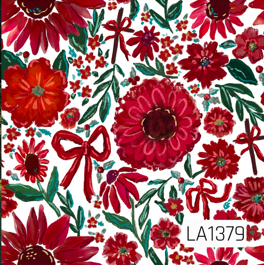 A bold hand-painted floral design featuring vibrant red, pink, and orange blooms on a crisp white background. Deep green and teal leafy stems are scattered throughout with tiny coordinating florals, festive red bows, and crosses accented with bows. Textured brushstrokes and sketch-style details give the design a whimsical, artistic feel.
