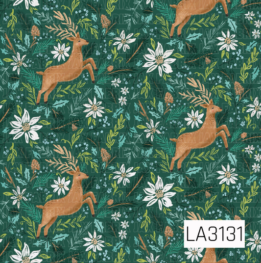 A hand-drawn woodland Christmas pattern featuring leaping brown reindeer surrounded by white winter florals, pine branches, holly leaves, berries, and leafy sprigs. Shades of teal, icy blue, olive green, and warm tan stand out against the deep forest green background.
