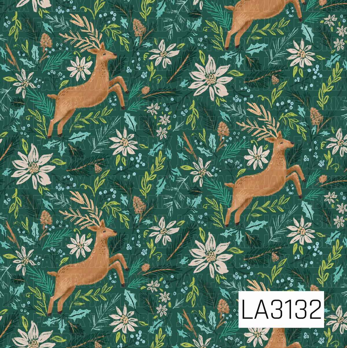 A hand-drawn woodland Christmas pattern featuring warm tan reindeer surrounded by soft cream poinsettia-style florals, pine branches, holly leaves, berries, and leafy sprigs. Teal, icy blue, olive green, and warm tan accents are scattered throughout against a deep forest green background.
