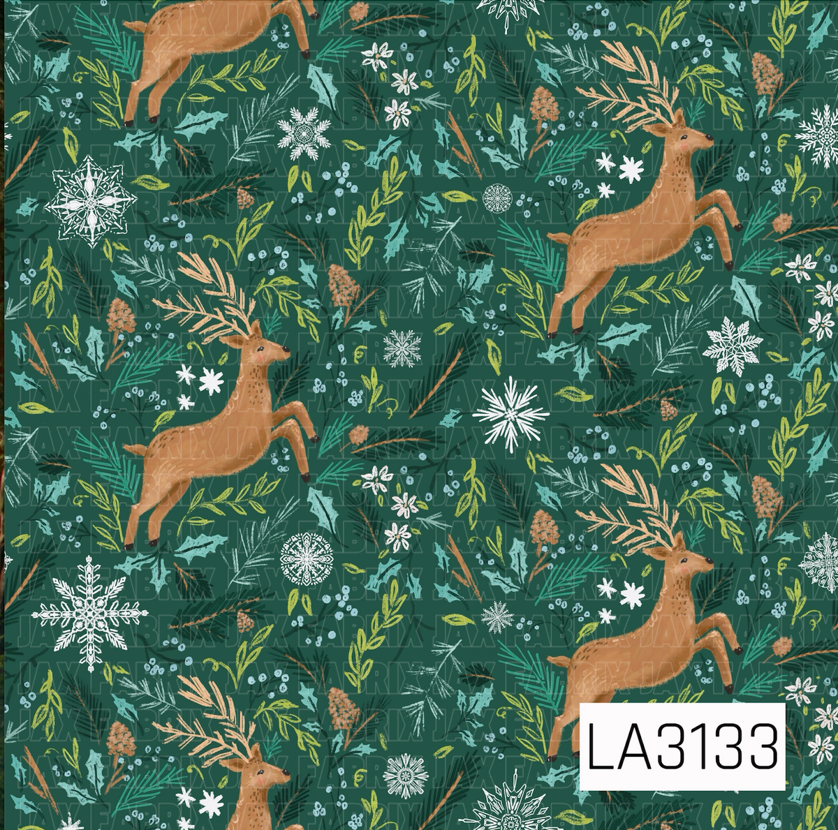 A hand-drawn woodland Christmas pattern featuring warm tan reindeer surrounded by pine branches, holly leaves, berries, leafy sprigs, and pinecones. Detailed white snowflakes are scattered throughout the design, with teal, icy blue, olive green, and tan accents against a deep forest green background.
