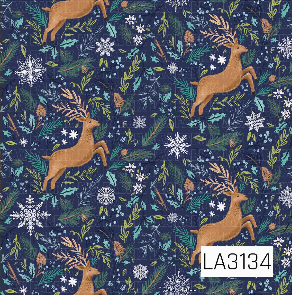 A hand-drawn winter woodland pattern featuring warm tan reindeer surrounded by pine branches, holly leaves, berries, leafy sprigs, pinecones, and detailed white snowflakes. Teal, icy blue, olive green, and warm tan accents stand out against a deep navy blue background.
