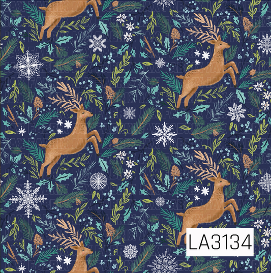 A hand-drawn winter woodland pattern featuring warm tan reindeer surrounded by pine branches, holly leaves, berries, leafy sprigs, pinecones, and detailed white snowflakes. Teal, icy blue, olive green, and warm tan accents stand out against a deep navy blue background.
