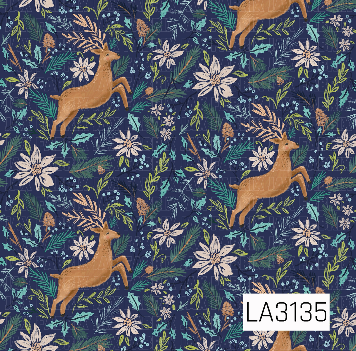 A hand-drawn woodland pattern featuring warm tan reindeer surrounded by creamy poinsettia-style flowers, pine branches, holly leaves, berries, pinecones, and leafy sprigs. Shades of teal, icy blue, olive green, cream, and tan create a cozy winter palette against a deep navy blue background.
