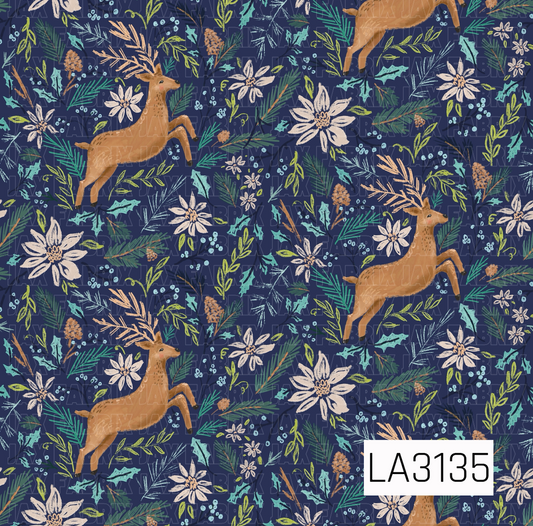 A hand-drawn woodland pattern featuring warm tan reindeer surrounded by creamy poinsettia-style flowers, pine branches, holly leaves, berries, pinecones, and leafy sprigs. Shades of teal, icy blue, olive green, cream, and tan create a cozy winter palette against a deep navy blue background.
