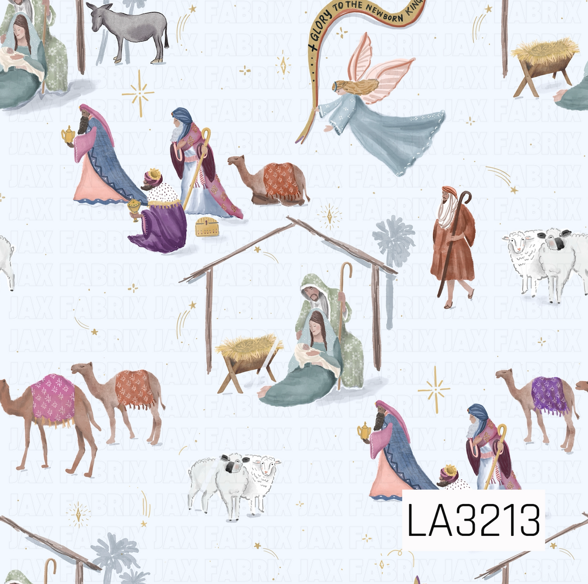 A whimsical watercolor nativity pattern featuring Mary, Joseph, baby Jesus, the three wise men, shepherds, camels, sheep, a donkey, angels, and the manger. Golden stars and celestial accents are scattered throughout, with “Glory to the Newborn King” incorporated into the design on a soft light blue background.
