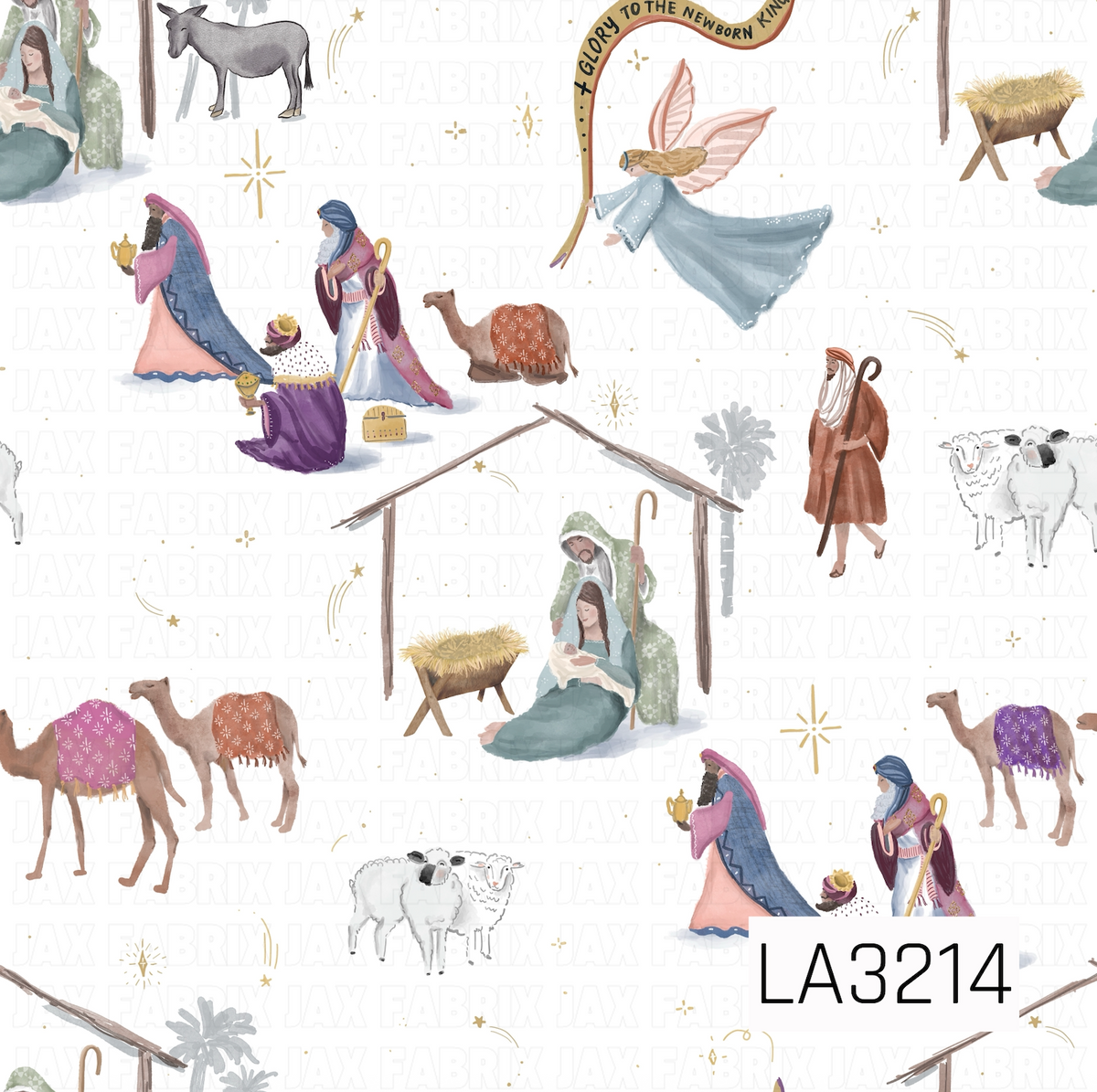 A whimsical watercolor nativity pattern featuring Mary, Joseph, baby Jesus, the three wise men, shepherds, camels, sheep, a donkey, angels, and the manger. Golden stars and celestial accents are scattered throughout, with “Glory to the Newborn King” incorporated into the design on a crisp white background.
