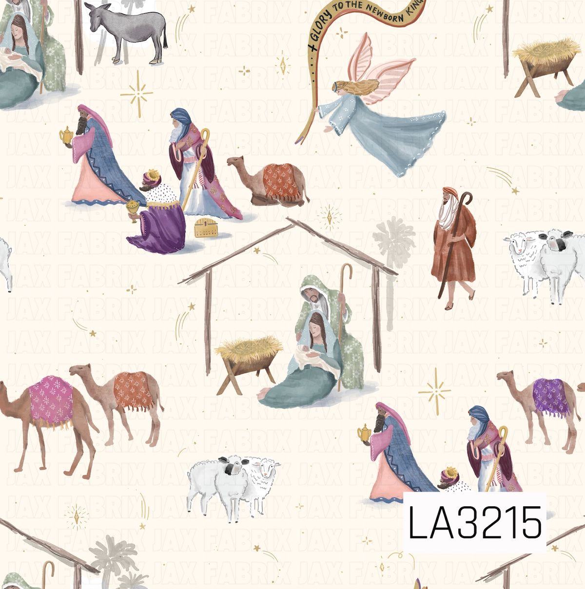 A whimsical watercolor nativity pattern featuring Mary, Joseph, baby Jesus, the three wise men, shepherds, camels, sheep, a donkey, angels, and the manger. Golden stars and celestial accents are scattered throughout, with “Glory to the Newborn King” incorporated into the design on a soft cream background.

