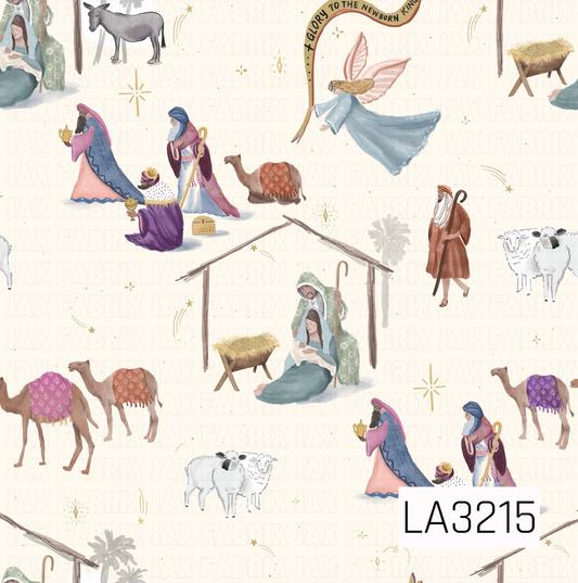 A whimsical watercolor nativity pattern featuring Mary, Joseph, baby Jesus, the three wise men, shepherds, camels, sheep, a donkey, angels, and the manger. Golden stars and celestial accents are scattered throughout, with “Glory to the Newborn King” incorporated into the design on a soft cream background.
