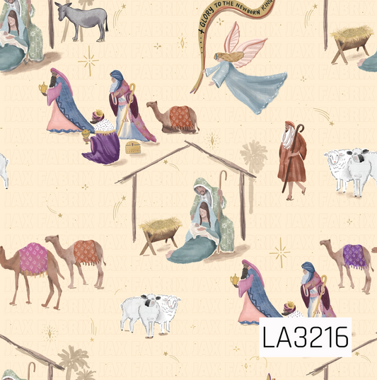 A whimsical watercolor nativity pattern featuring Mary, Joseph, baby Jesus, the three wise men, shepherds, camels, sheep, a donkey, angels, and the manger. Golden stars and celestial accents are scattered throughout, with “Glory to the Newborn King” incorporated into the design on a warm pale yellow background.
