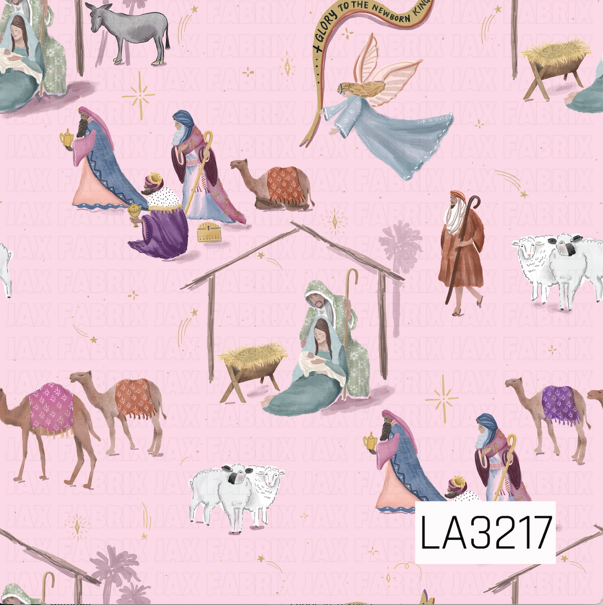 A whimsical watercolor nativity pattern featuring Mary, Joseph, baby Jesus, the three wise men, shepherds, camels, sheep, a donkey, angels, and the manger. Golden stars and celestial accents are scattered throughout, with “Glory to the Newborn King” incorporated into the design on a soft pink background.
