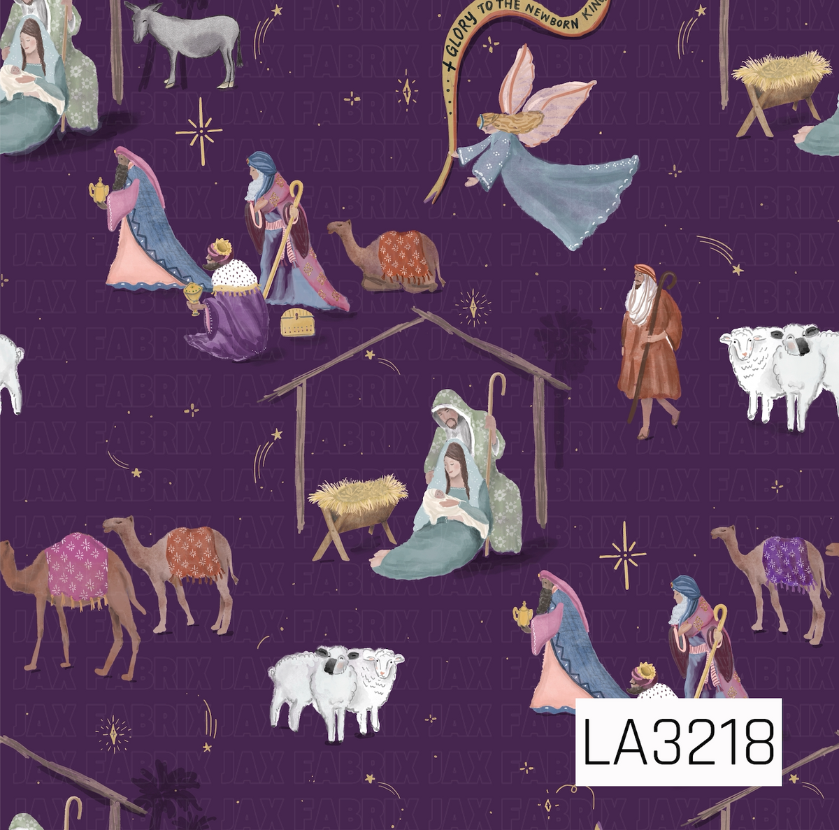 A whimsical watercolor nativity pattern featuring Mary, Joseph, baby Jesus, the three wise men, shepherds, camels, sheep, a donkey, angels, and the manger. Golden stars and celestial accents are scattered throughout, with “Glory to the Newborn King” incorporated into the design on a rich royal purple background.
