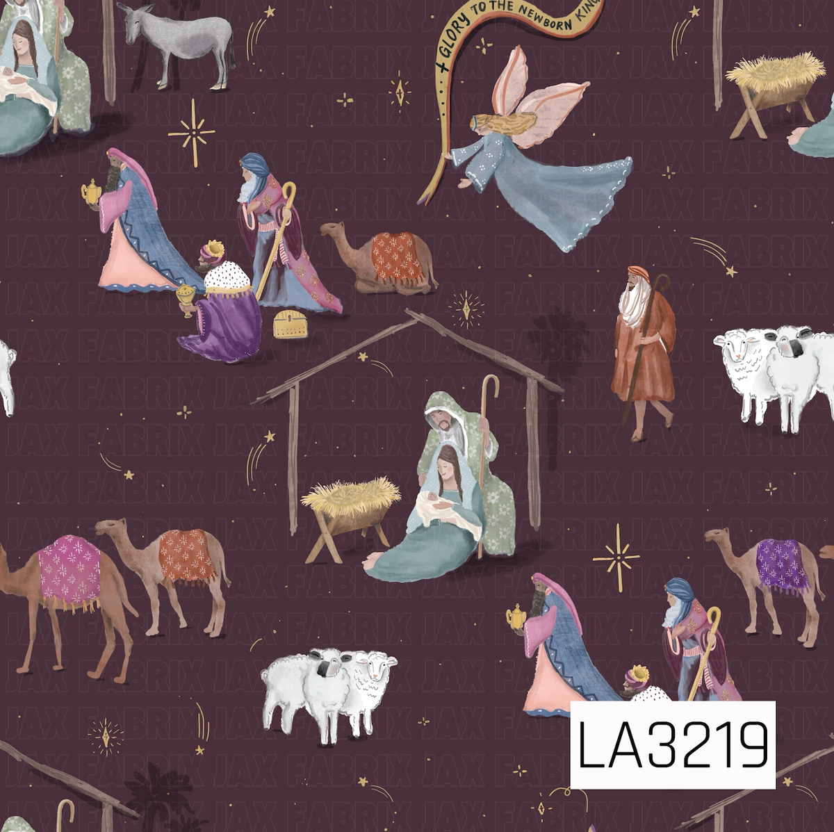 A whimsical watercolor nativity pattern featuring Mary, Joseph, baby Jesus, the three wise men, shepherds, camels, sheep, a donkey, angels, and the manger. Golden stars and celestial accents are scattered throughout, with “Glory to the Newborn King” incorporated into the design on a deep burgundy background.
