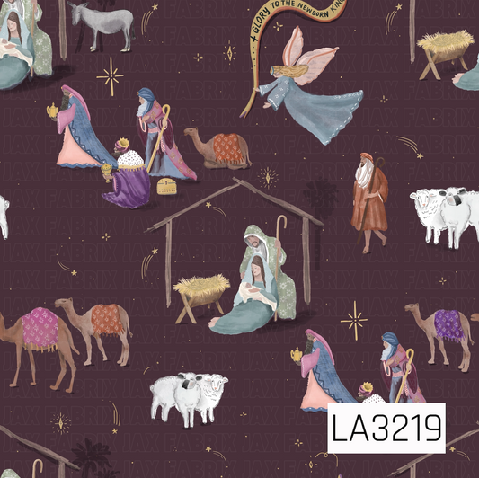 A whimsical watercolor nativity pattern featuring Mary, Joseph, baby Jesus, the three wise men, shepherds, camels, sheep, a donkey, angels, and the manger. Golden stars and celestial accents are scattered throughout, with “Glory to the Newborn King” incorporated into the design on a deep burgundy background.
