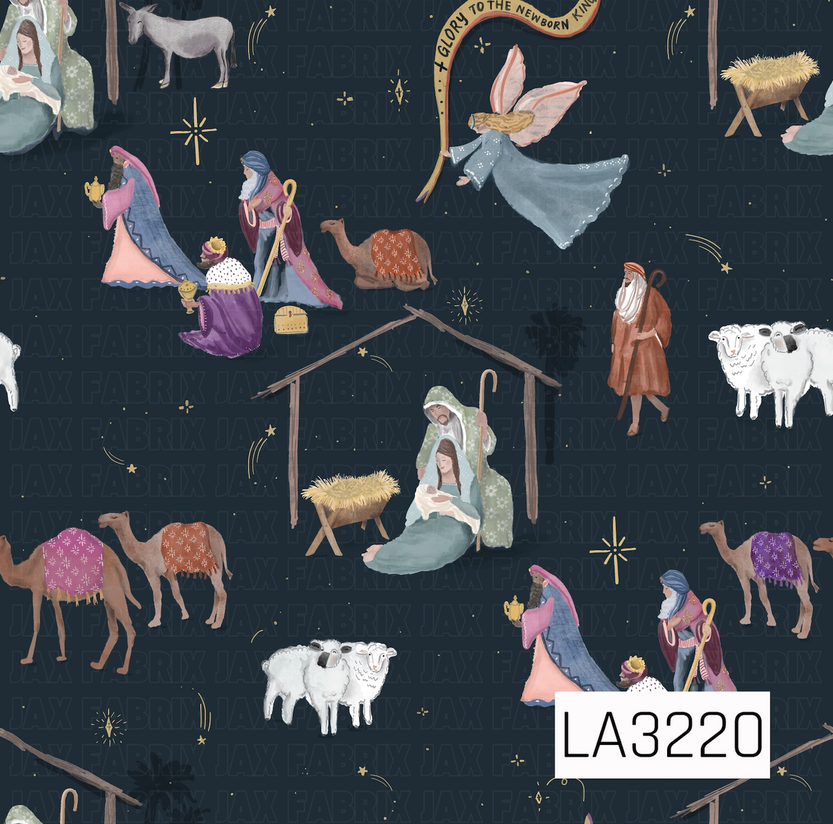 A whimsical watercolor nativity pattern featuring Mary, Joseph, baby Jesus, the three wise men, shepherds, camels, sheep, a donkey, angels, and the manger. Golden stars and celestial accents are scattered throughout, with “Glory to the Newborn King” incorporated into the design on a deep navy blue background.
