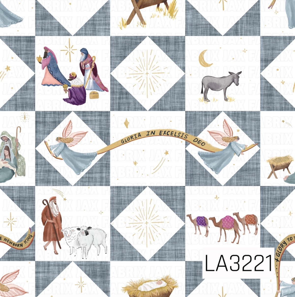 A watercolor patchwork quilt pattern featuring nativity scenes, wise men, angels, shepherds, sheep, camels, a donkey, manger scenes, and golden celestial accents. Soft blue-gray textured quilt blocks and geometric star shapes create a cozy, handcrafted look on a crisp white background.
