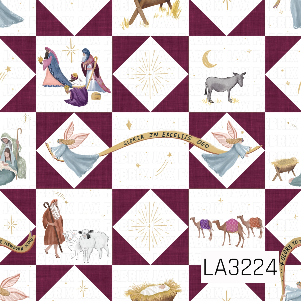A watercolor patchwork quilt pattern featuring nativity scenes, wise men, angels, shepherds, sheep, camels, a donkey, and manger imagery. Rich burgundy quilt blocks and geometric star shapes contrast with the white background, accented by dusty blues, pinks, purples, and warm gold celestial details.
