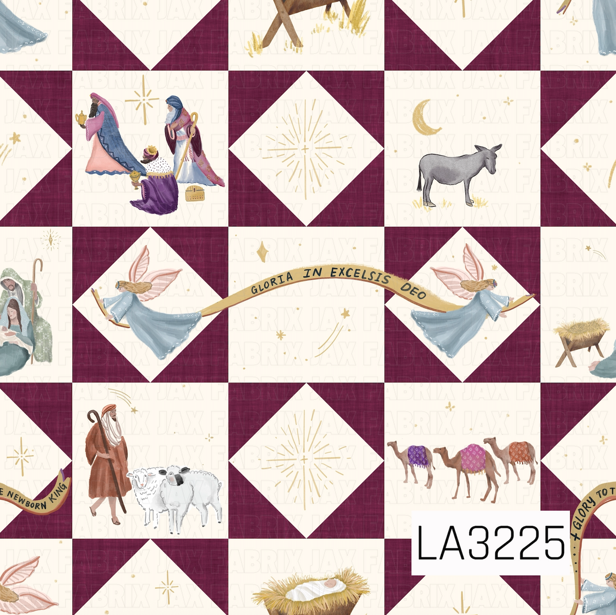 A watercolor patchwork quilt pattern featuring nativity-inspired scenes with wise men, angels, shepherds, sheep, camels, a donkey, and manger details. Deep burgundy geometric quilt blocks frame the illustrations, with soft blues, pinks, purples, warm neutrals, and delicate gold stars and celestial accents throughout.
