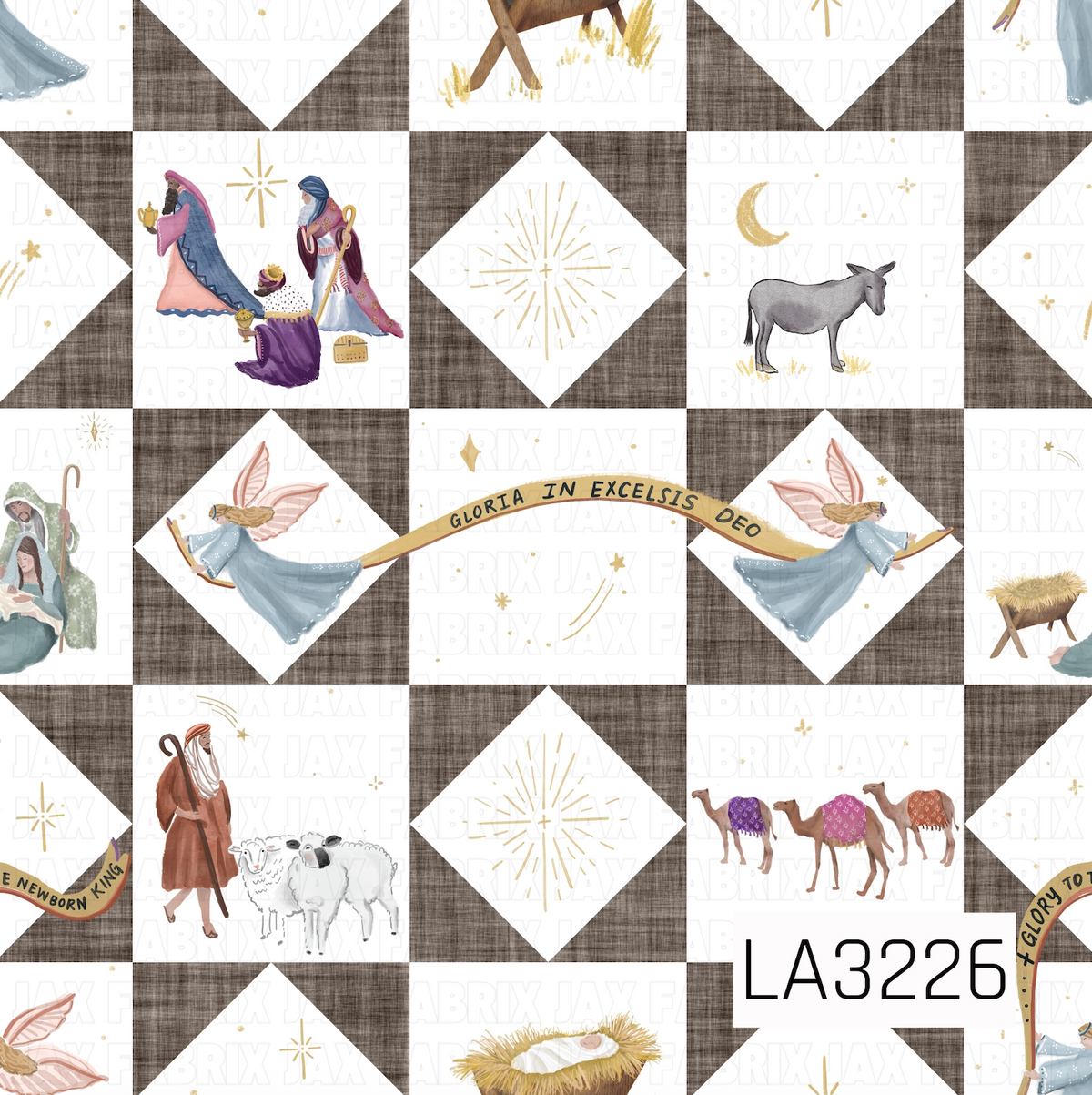 A watercolor patchwork quilt pattern featuring nativity-inspired scenes with wise men, angels, shepherds, sheep, camels, a donkey, and manger details. Rich textured brown geometric quilt blocks frame the illustrations, accented with soft blues, pinks, purples, warm neutrals, and delicate golden stars and celestial details.
