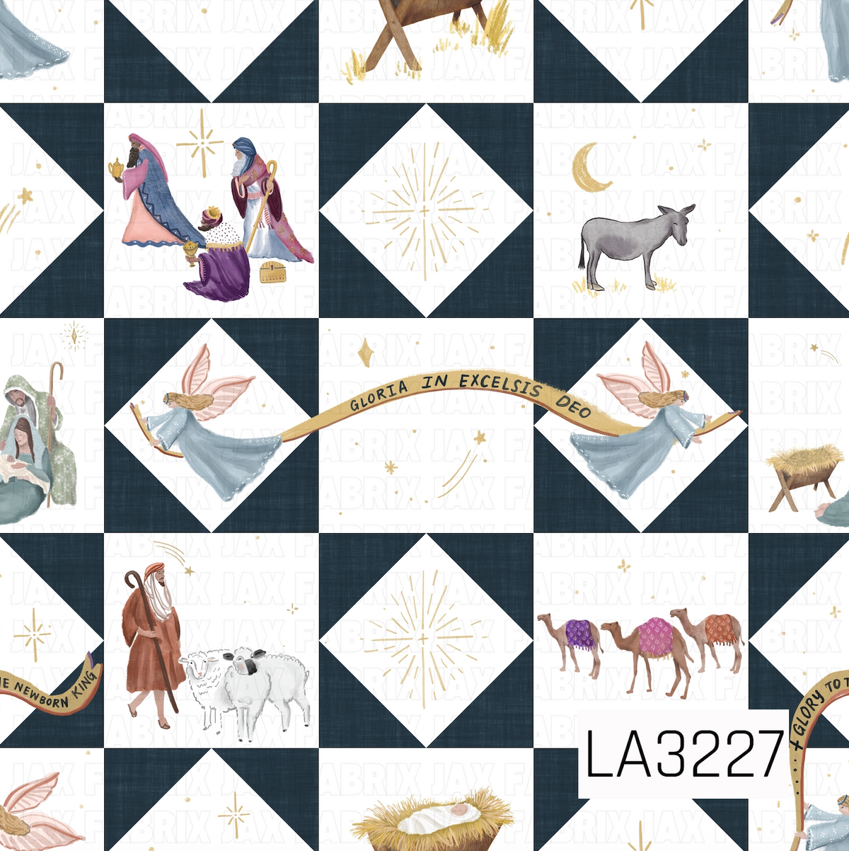 A watercolor patchwork quilt pattern featuring nativity scenes with wise men, angels, shepherds, sheep, camels, a donkey, and manger details. Deep textured navy geometric quilt blocks frame the illustrations, accented with soft blues, pinks, purples, warm neutrals, and delicate golden stars and celestial details.
