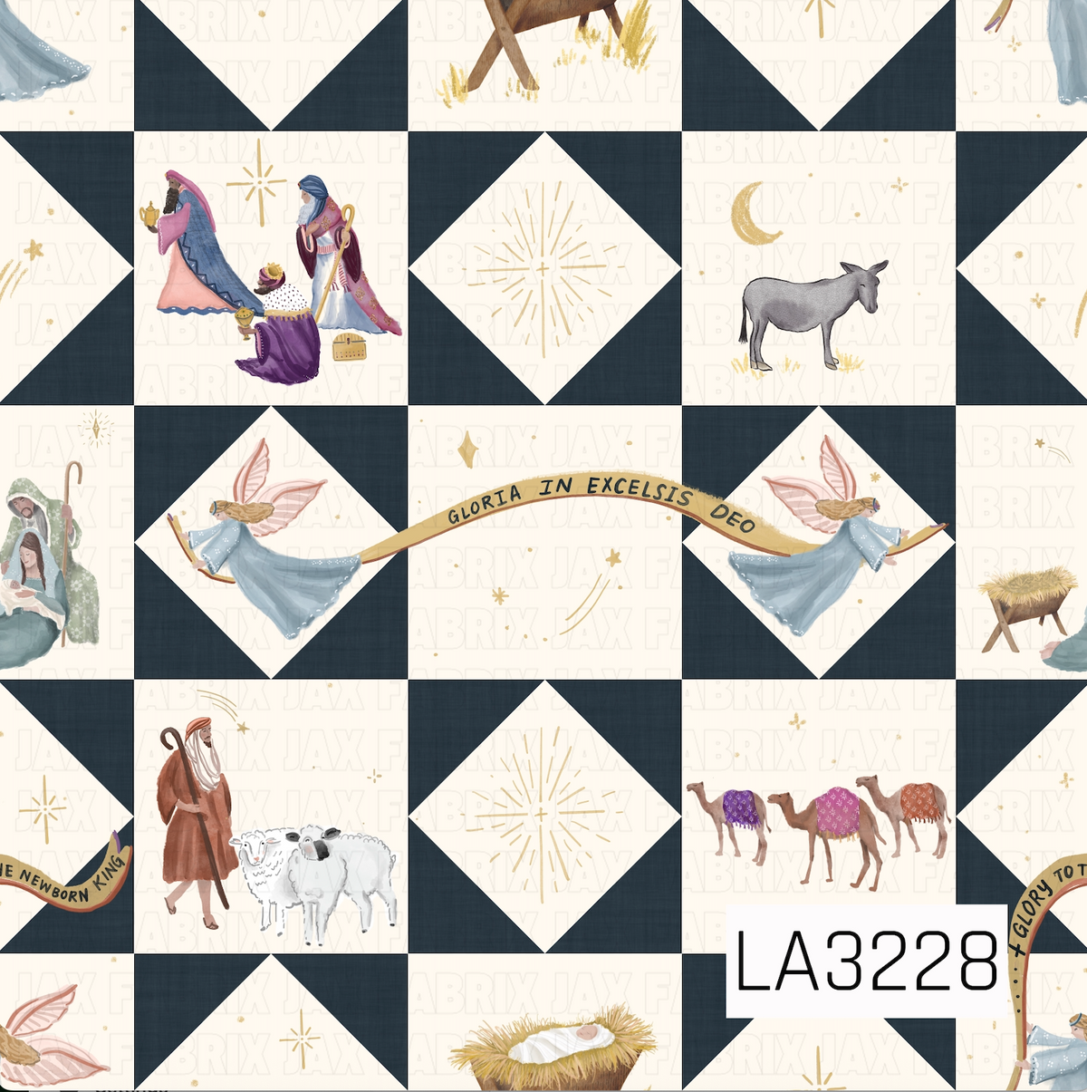 A watercolor patchwork quilt pattern featuring nativity scenes with wise men, angels, shepherds, sheep, camels, a donkey, and manger details. Deep navy textured quilt blocks contrast with soft cream squares, while delicate golden stars, celestial accents, and flowing banners add a whimsical Christmas touch.
