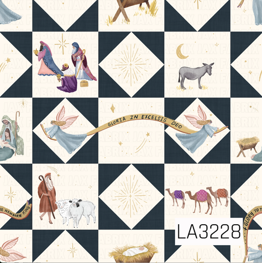 A watercolor patchwork quilt pattern featuring nativity scenes with wise men, angels, shepherds, sheep, camels, a donkey, and manger details. Deep navy textured quilt blocks contrast with soft cream squares, while delicate golden stars, celestial accents, and flowing banners add a whimsical Christmas touch.
