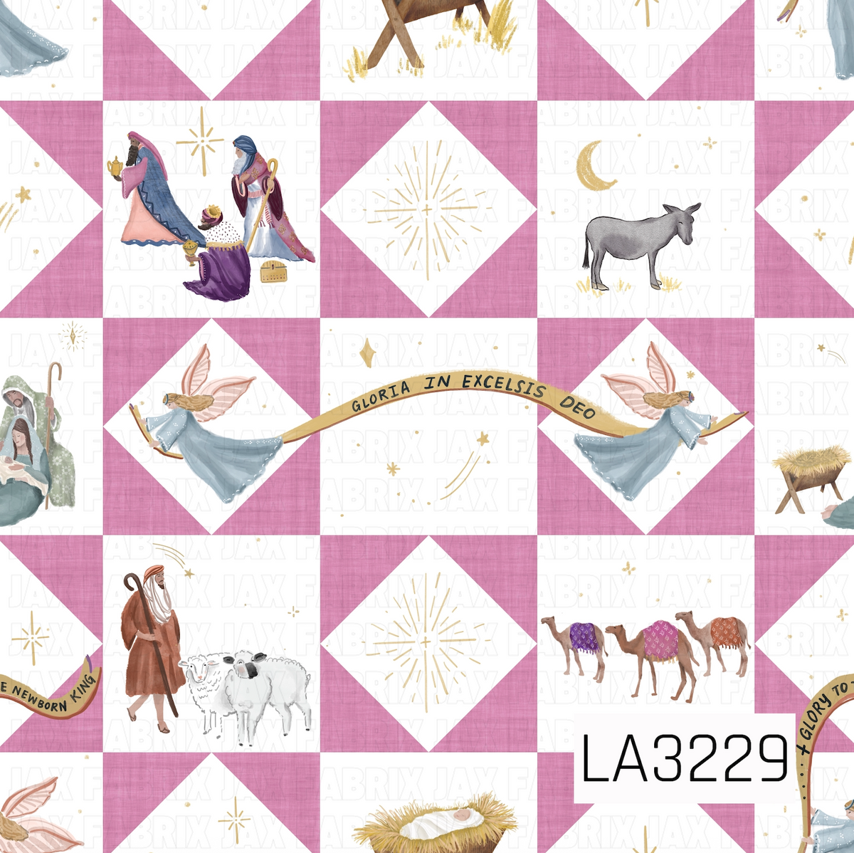 A watercolor patchwork quilt pattern featuring nativity scenes with wise men, angels, shepherds, sheep, camels, a donkey, and manger details. Dusty pink textured quilt blocks contrast with soft white squares, accented by delicate golden stars, celestial details, and flowing banners.
